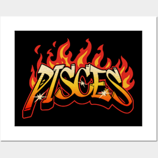 Pisces Zodiac Retro Flames Birthday Posters and Art